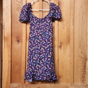 BOG Bohemian Floral Short Flutter Sleeve Mini Dress, Medium, Purple & Ivory